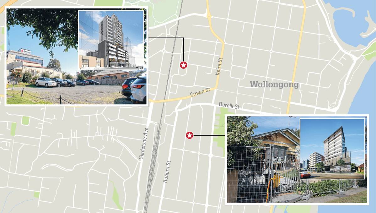 Going up: A 19-storey hotel planned for Belmore and Young Street (left) and a shop-top housing development in Atchison Street (right).