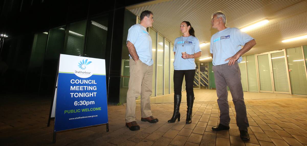 Hopeful: John Davey, Jackie Boyle and Tony Pratt outside what was thought to be Shellharbour council's last meeting. Picture: Robert Peet.