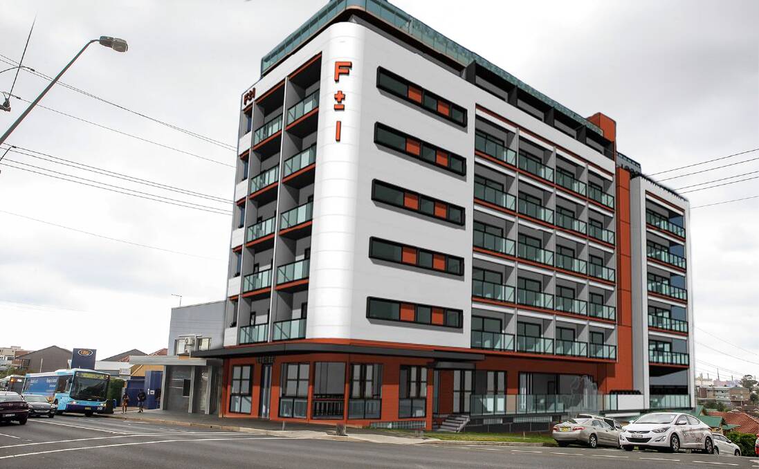 Contentious site: The eight-storey hotel would take the place of Meni Cafe, opposite Wollongong hospital. Image digitally altered: photo by Adam McLean, artist's impression by ADG Architects.