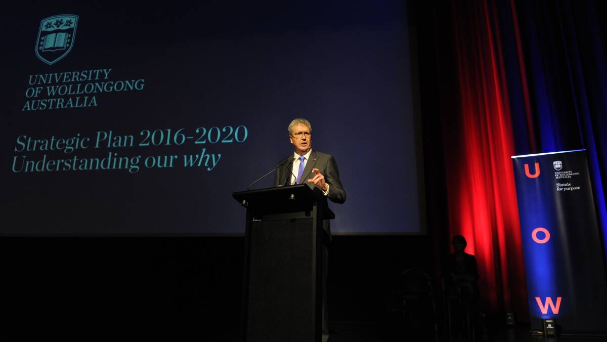 University of Wollongong Vice Chancellor Professor Paul Wellings unveils the institution's new look - and new five year plan - on Monday. Picture: Simon Bullard.
