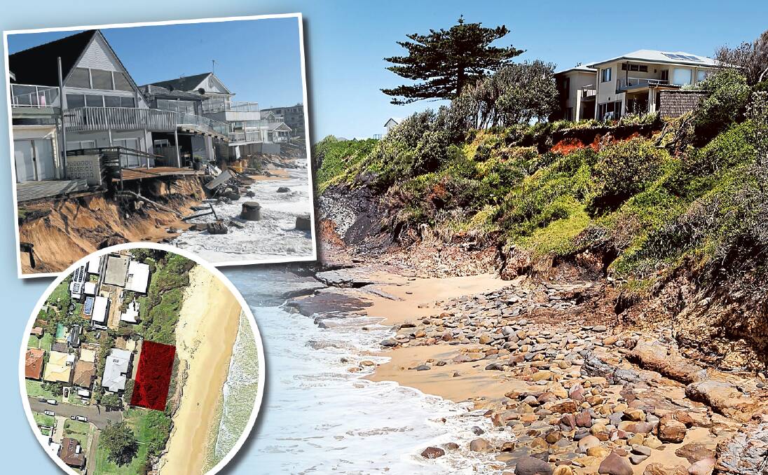 Residents fear the house, proposed to be built east of the home pictured, could end up like properties in Collaroy and Narrabeen (inset). Main picture: Robert Peet.