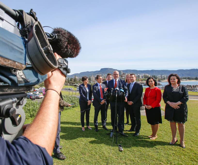 Pulling rank: All Illawarra Labor MPs - state and federal - joined Opposition Leader Luke Foley at Flagstaff Hill to back his decision to install Paul Scully as the party's byelection candidate. Picture: Adam McLean.