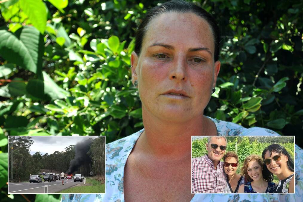 Help: Lisa Elmas, one of the first on the scene of the Boxing Day crash (inset, left) that killed the Falkholt family (inset, right) is calling for first aid kits and fire extinguishers to be mandatory for all vehicles. 