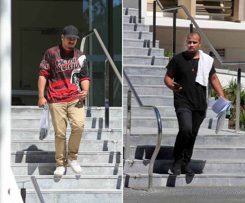 Released: Christian Nau (left) and Jonathan Schwenke leave Wollongong courthouse on Monday on bail, 36 hours after their arrest over two serious bashings in the Wollongong CBD at the weekend.