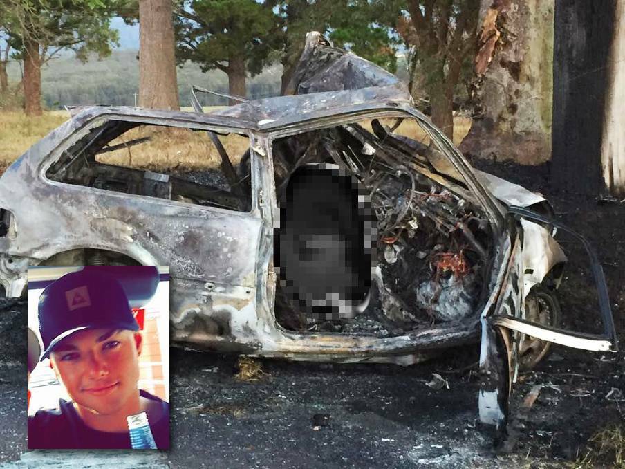 Tragic: A photo of the incinerated car on Cleveland Road, Dapto and (inset) Jayke Robinson, who was killed in the fiery crash.