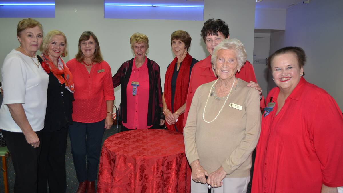 LONG SERVICE: St Georges Basin VIEW Club member Audrey Stokes accepts her her 30-year service badge from National VIEW vice-president Toni Thomas and Basin president  Deborah Hanlon, while National Councillor for the region Pat McRae presents 10-year service badges to Lesleigh Morley, Dianne Doust, Jillian Mackay and Jean Blay. Helen Cody was absent.
