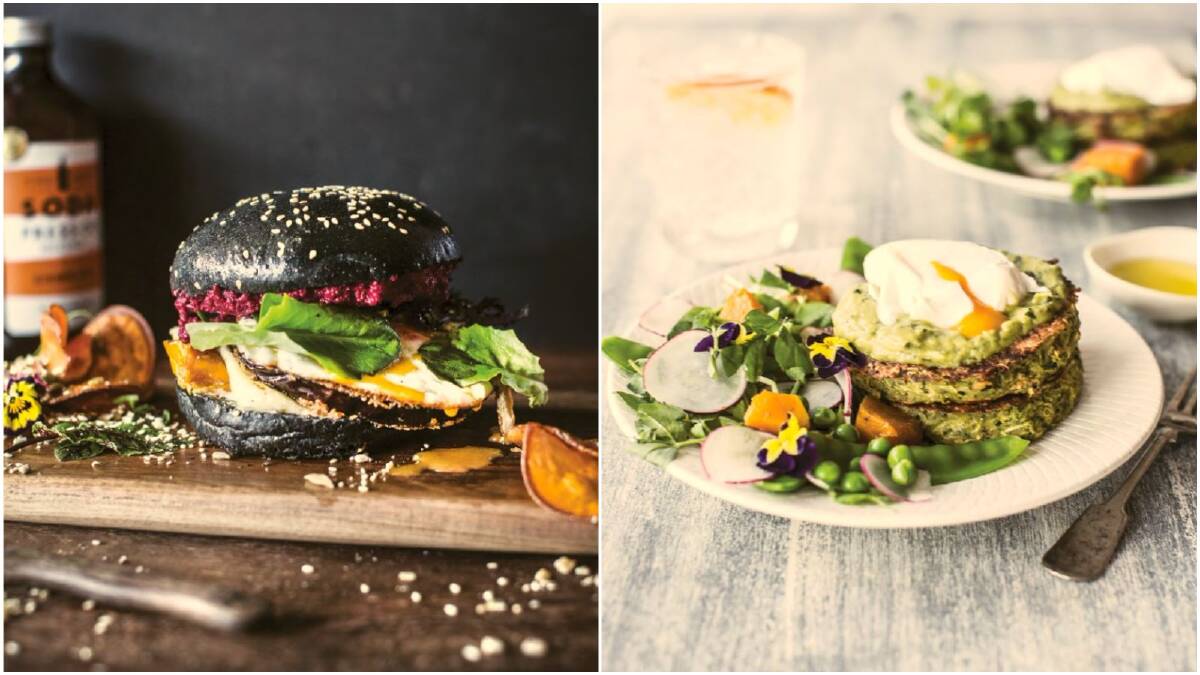 A veggie burger and zucchini fritters from The Illawarra Cookbook. Pictures: Quicksand Food