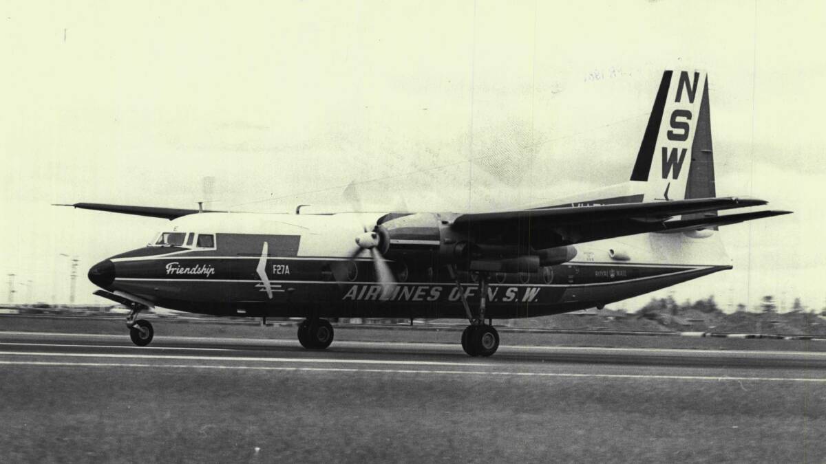 Airlines of NSW Friendship Fokker landing at Mascot. March 27, 1968. Picture: Trevor James Robert Dallen/Fairfax Media