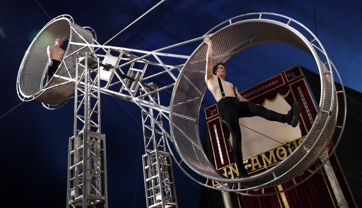 THE WHEEL OF DEATH: Ashton brothers Jordan and Merrick are some of the best acrobats in the world and will perform in the Infamous adult circus cabaret show. Picture: Les Smith