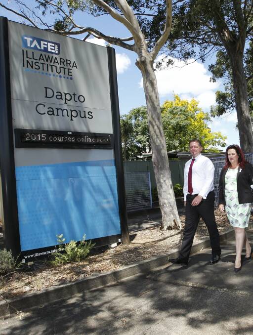 UNCERTAIN: Dapto's TAFE campus has been earmarked for the government's sell-off list. Glenn Kolomeitz and Member for Shellharbour Anna Watson. Picture: Andy Zakeli