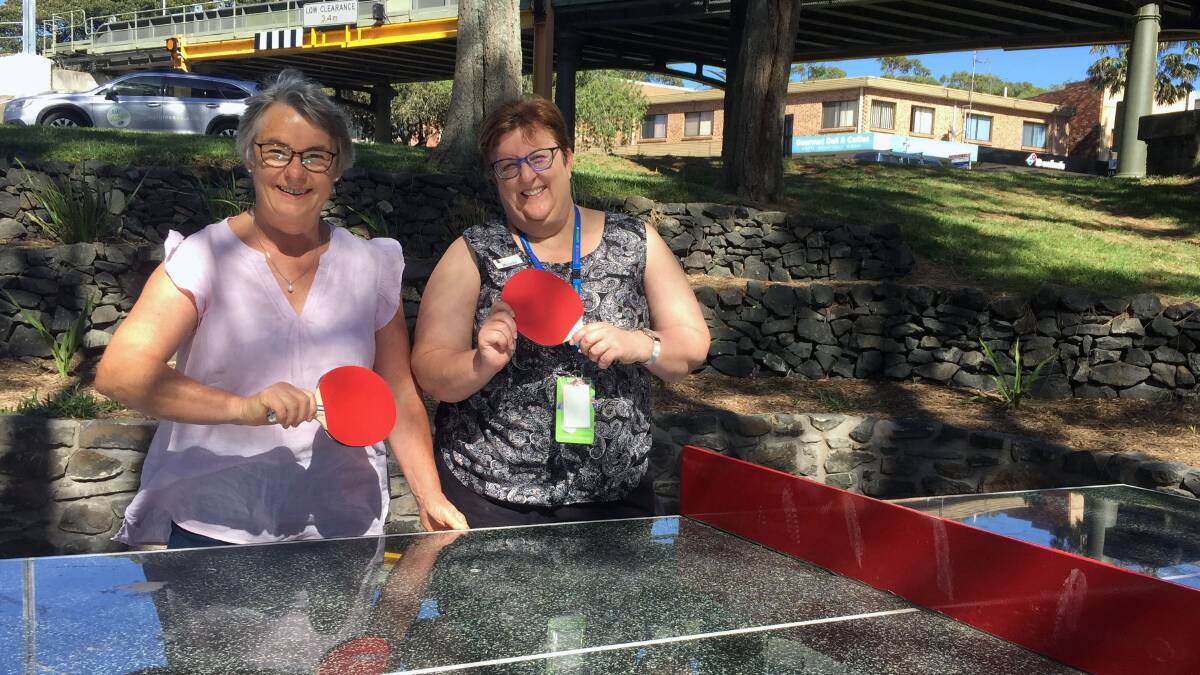 Councillor Kathy Rice with Michelle Hudson from Kiama Library check out the new table tennis table at Black Beach in Kiama. Picture: Supplied