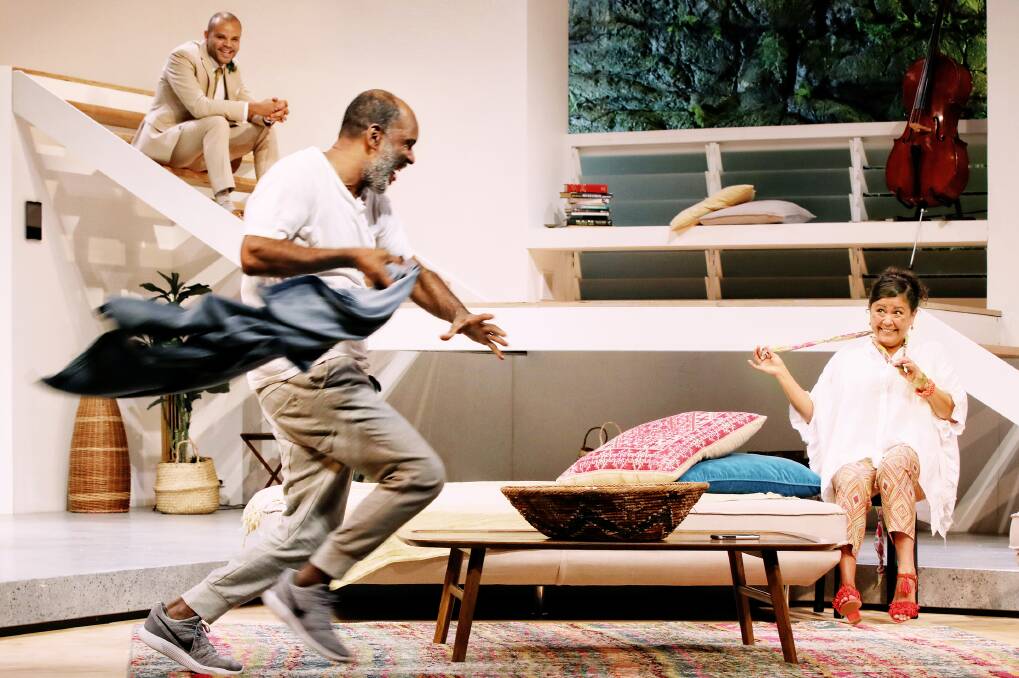 Luke Carroll, Tony Briggs and Melodie Reynolds-Diarra in Sydney Theatre Company’s Production of Black is the New White. Picture: Prudence Upton