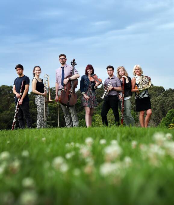 FILLING THE VOID: Cameron Zingel and Ryley Gillen created their own orchestra to fill a cultural void in the Illawarra. Nick Zengoski, Tessa Tsurugaoka,  Lauren Bedingfield, Shelby MacRae and Heather Crawford. Picture: Sylvia Liber
