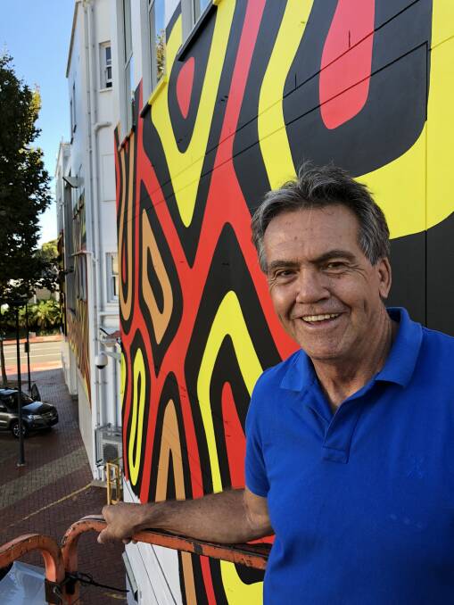 Indigenous artist Warwick Keen designed a mural for the side of Wollongong Art Gallery as part of its 40th year celebrations. Picture: Supplied