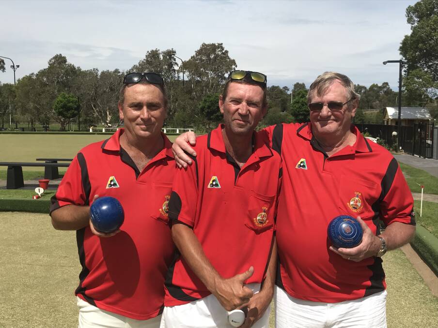 TRIUMPH:  Collies/ORB bowlers Greg Wray, Anthony Golinski and Peter Sandona won the club’s Allmen Two Bowl Triples. Picture: Mike Driscoll
