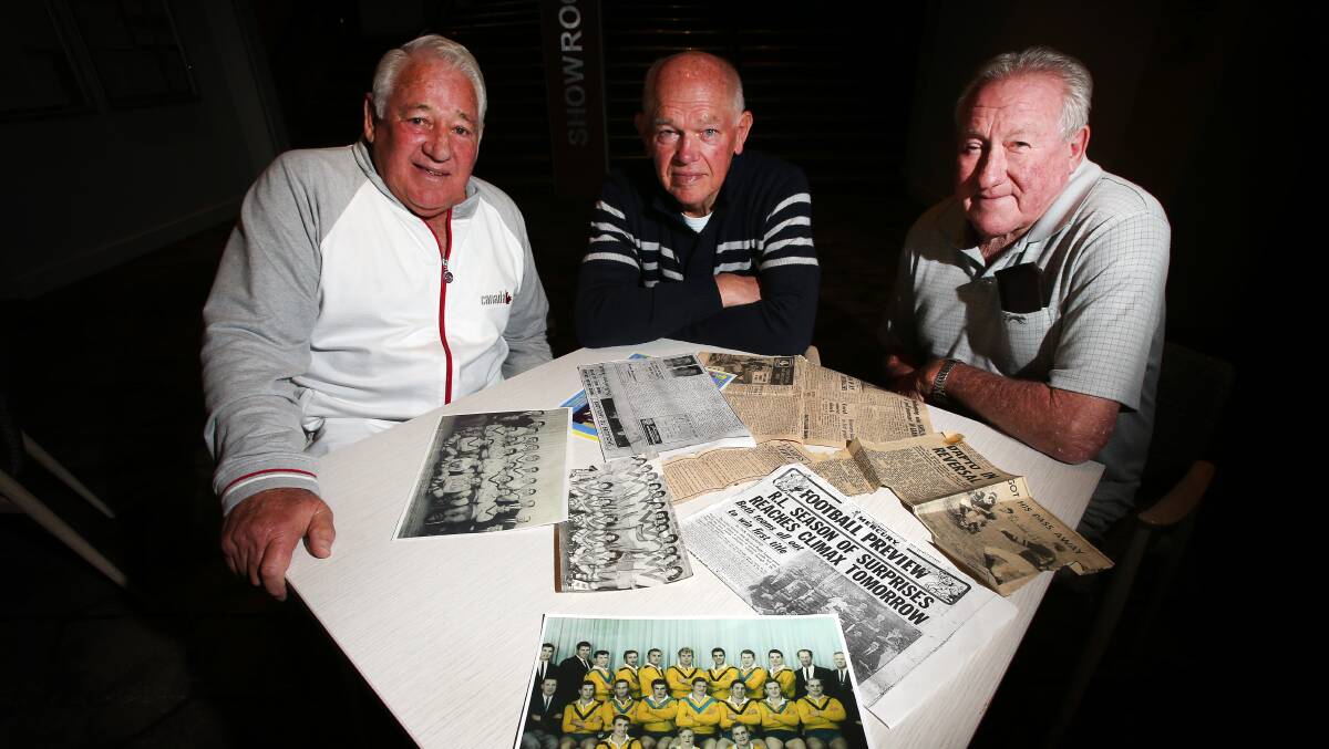 MEMORY LANE: Dapto 1966 premiership winners Lionel Simmonds, Kevin Holland and Noel Morris remembering the good old days. Picture: Sylvia Liber