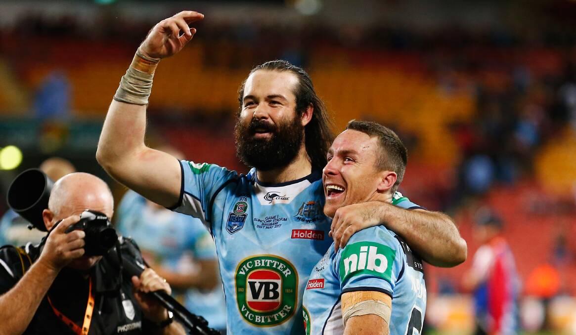 VICTORS: Aaron Woods and James Maloney after Origin I. Picture: Getty Images