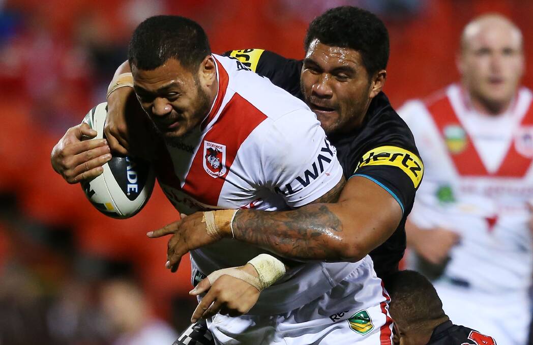 BIG BOYS: Former foes and Samoan Test teammates Leeson Ah Mau and Mose Masoe will provide a formidable presence up front for the Dragons in 2016. Picture: Getty Images