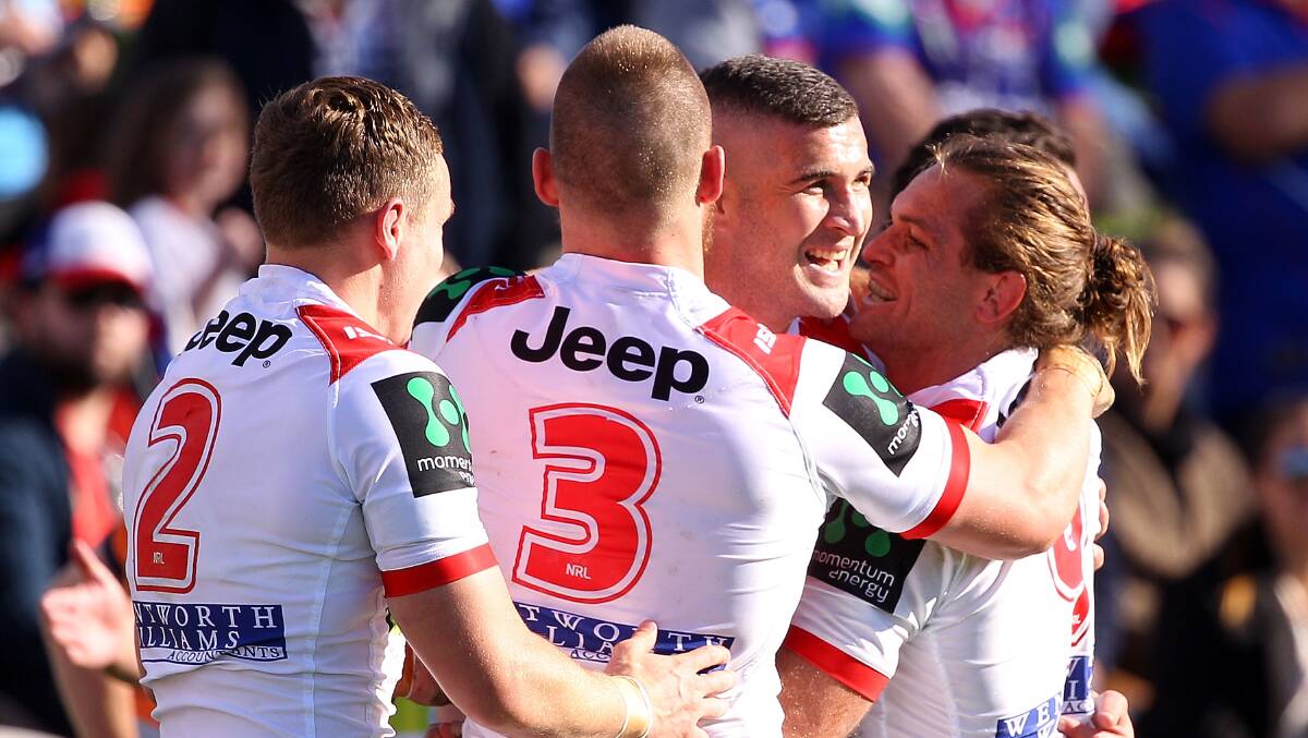 SEEING DOUBLE: Joel Thompson scored two tries for the Dragons in their 28-26 win over Newcastle at UOW Jubilee Oval on Saturday. Picture: Getty Images