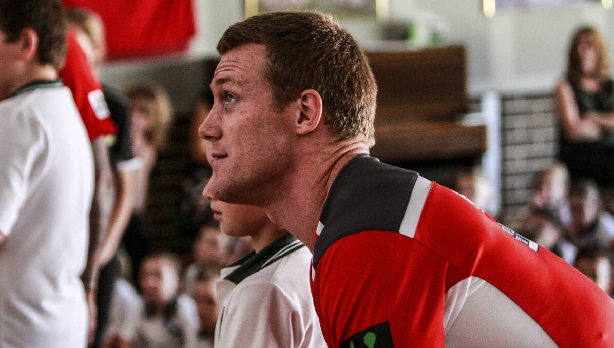 NO EXCUSES: Ben Creagh, pictured visiting Russell Vale Public School on Monday, is not phased by the Dragons' tough draw. Picture: Georgia Matts.