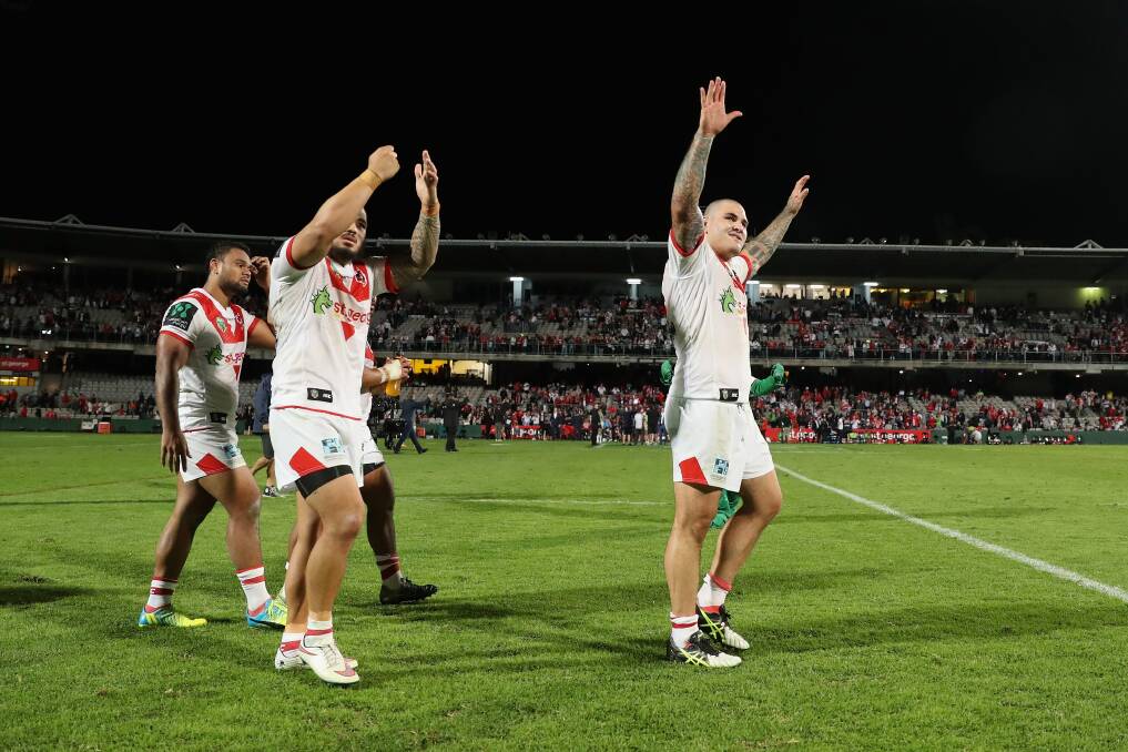 LAPPING IT UP: Russell Packer thanks fans after the Dragons' round 10 win over Canberra last year in his return to the NRL. Picture: Getty Images