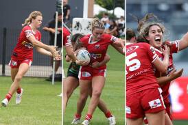 Kasey Reh (left), Charlotte Basham (centre) and Bronte Wilson (right) have earned fresh NRLW deals with the Dragons on the back of the Steelers Tarsha Gale Cup triumph. Pictures Anna Warr and Denis Ivaneza