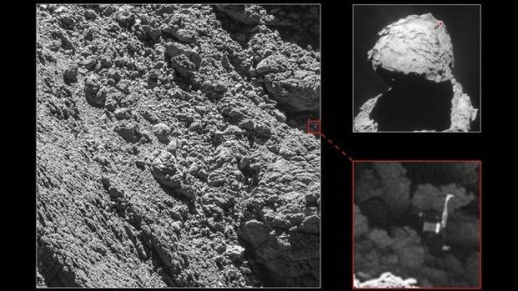 Image and close up showing the Philae lander wedged in a crack in the Comet 67P/Churyumov–Gerasimenko. Photo: European Space Agency
