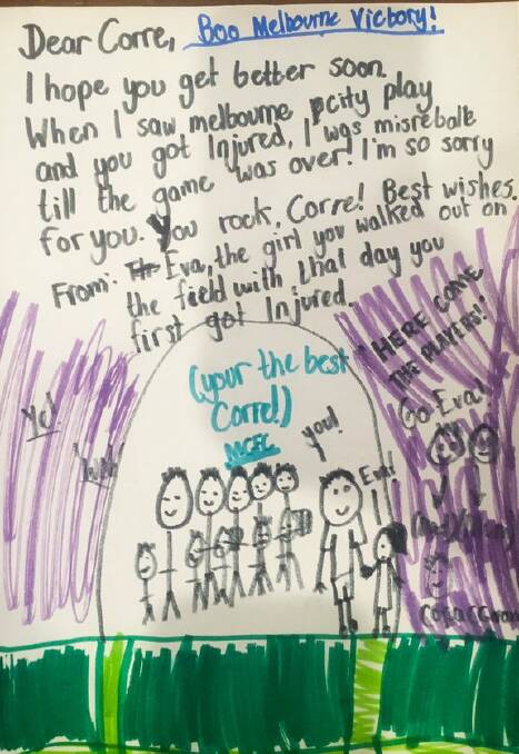 SUPPORT: The letter Corey Gameiro was sent by young fan Eva after tearing his ACL. Picture: SUPPLIED