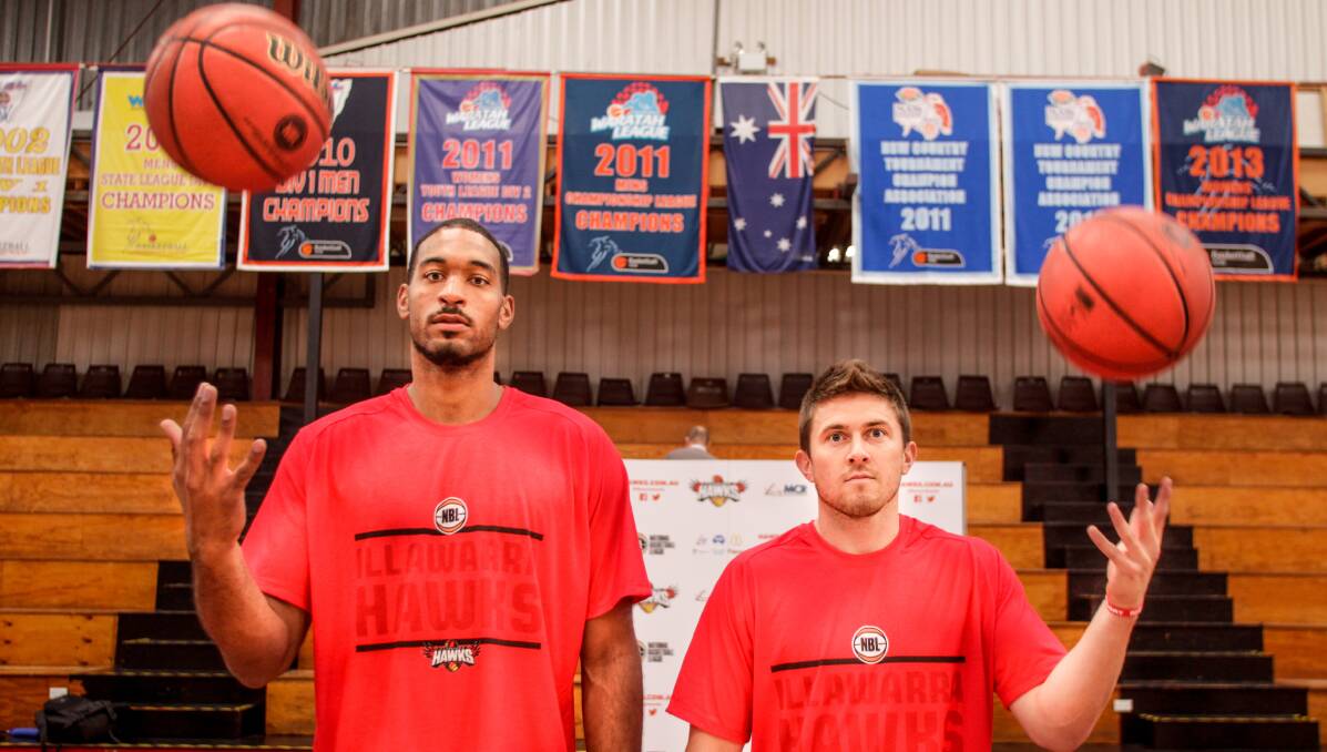 READY TO FIRE: Illawarra Hawks imports Michael Holyfield and Rotnei Clarke at the Snakepit on Monday. Picture: GEORGIA MATTS