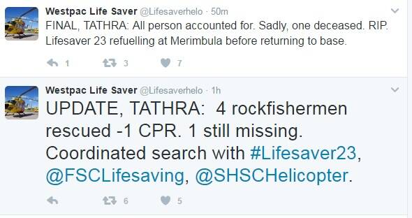 The Twitter feed of the Westpac Lifesaver Helicopter details the grim outcome of a rescue from Tathra surf. 