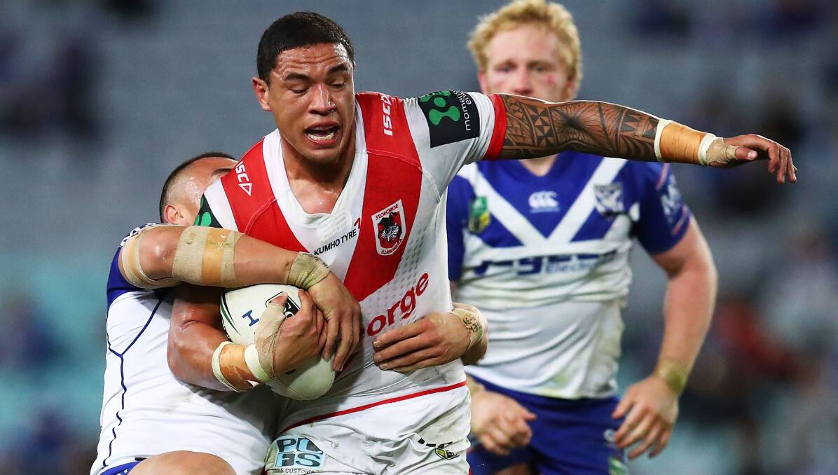 Touch and go: Dragons forward Tyson Frizell takes on the Bulldogs on Friday night. He faces a week suspension for touching the referee.