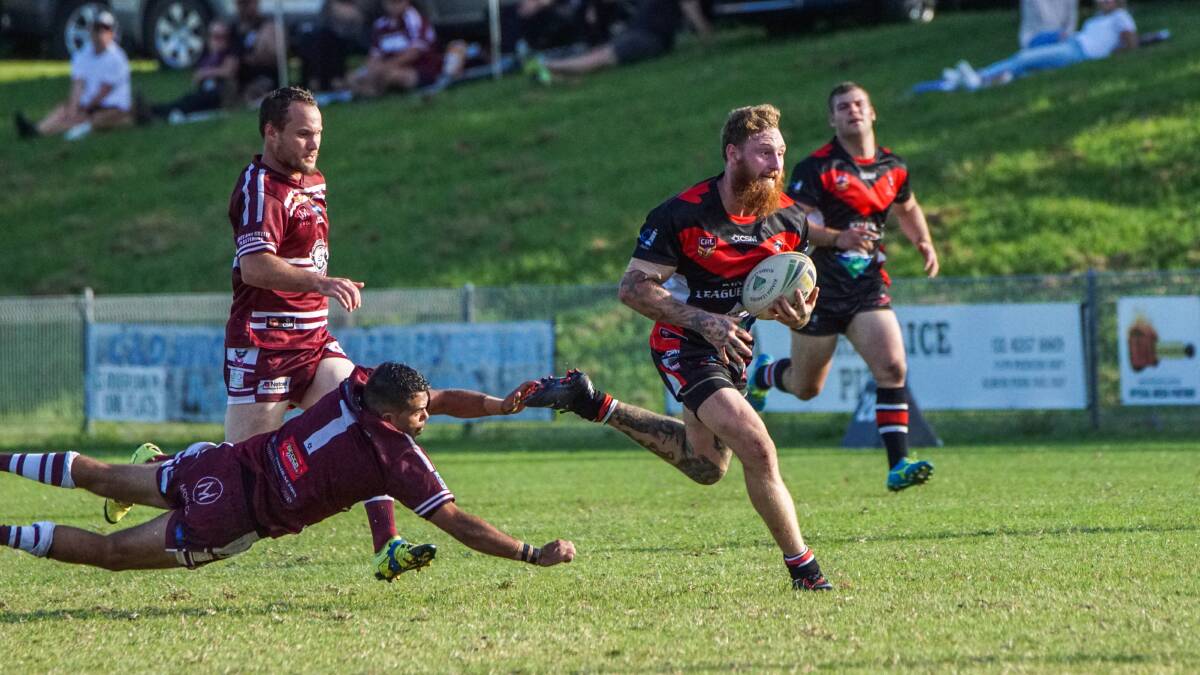 Charge: Knights prop James Brown, against Albion Park this season, was injured in the victory over Shellharbour on Sunday. Picture: SPORTS FOCUS PHOTOS