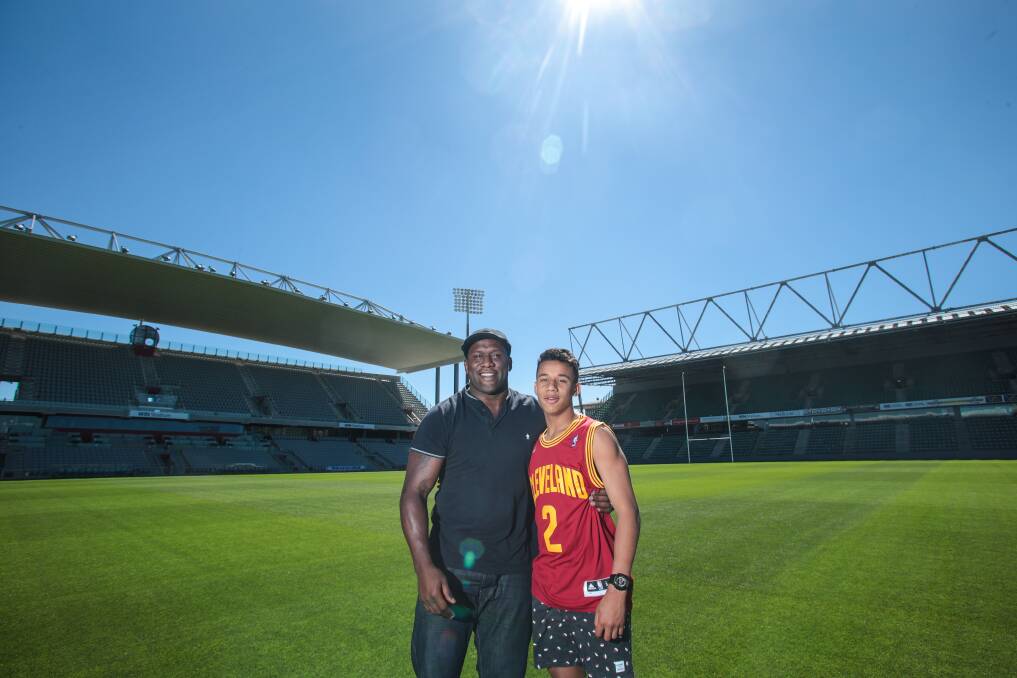 Blood lines: Queensland State of Origin great Wendell Sailor with son Tristan at WIN Stadium. 