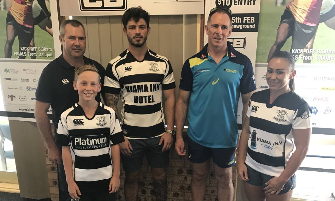 Primed:  Mark Bryant, Kiama under-12s player Tobias Crowe, Cameron Clement, Andy Friend and Tammy Fletcher. Picture: Brendan Crabb
