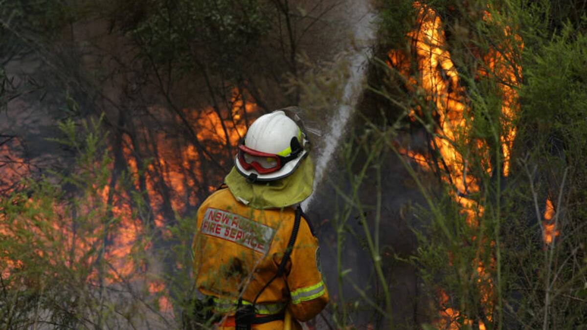 BATTLE: One of more than 250 firefighters takes on the blaze in soaring temperatures and stiff winds off Railway Street at Kurri Kurri. Picture: Jonathon Carroll