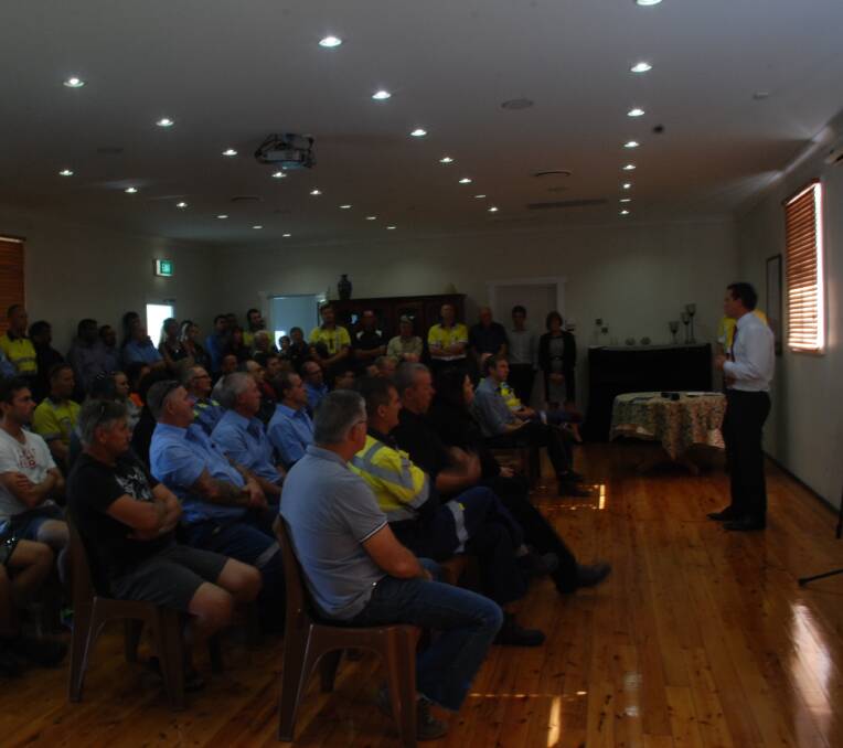 FORUM: Keira MP Ryan Park addresses Wollongong Coal miners and supporters on Monday. 