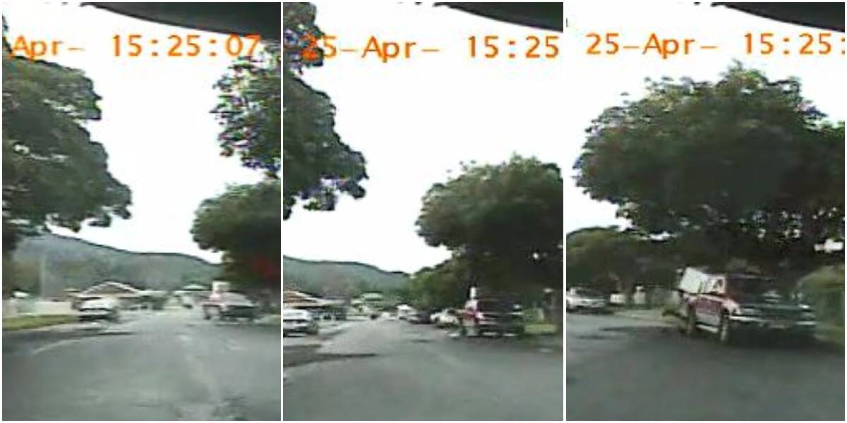 Going, going, gone: In-car police camera captures the ute as it swerves under a tree, where a branch knocks the fridge. The man tasked with holding the fridge can just be seen tumbling to the ground (right). Pictures: supplied
