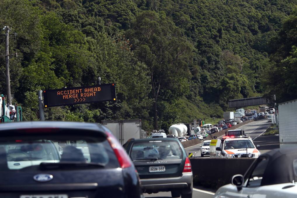 Traffic delays northbound on the M1 Princes Motorway on Mount Ousley following a two-truck accident on Wednesday morning. Delays of about 25 minutes are being experienced. Picture: Sylvia Liber