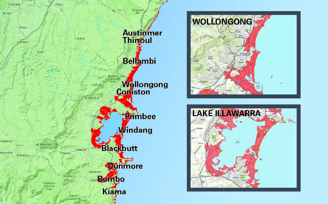 DANGER ZONE: The SES is calling on people with homes in the red zone to consider how they would make their way to higher ground in the event of a land-threat tsunami. Source: NSW SES