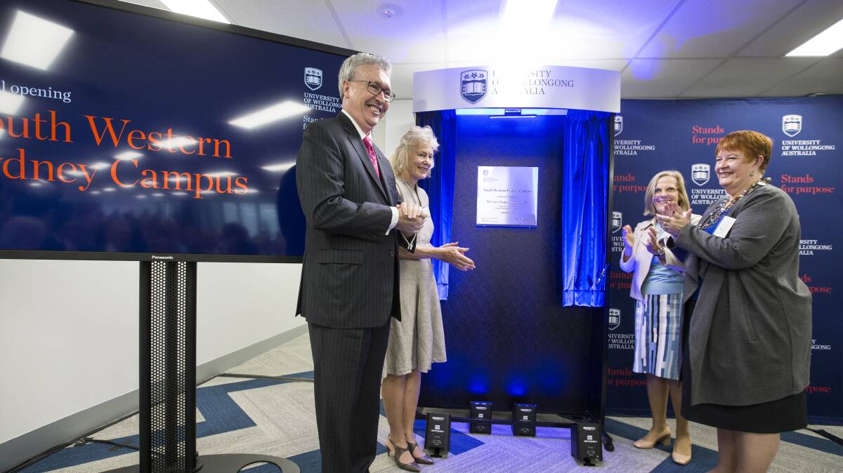 SHARED VISION: UOW's Professor Paul Wellings and Chancellor Jillian Broadbent open the new campus, alongside Lucy Turnbull and Liverpool mayor Wendy Waller. Picture: contributed 