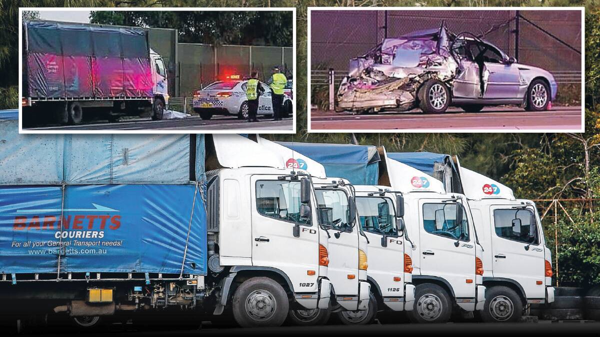 TRAGEDY: Barnetts trucks at the company's Fairy Meadow depot on Thursday (picture: Adam McLean) and (inset pictures: Nine News Sydney) the scene of Monday's fatal collision. 