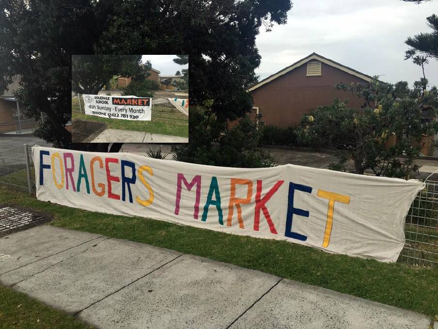 A sign advertising Bulli's weekly Foragers Market obscures a notice for Coledale Markets (inset), at Coledale Public School. 