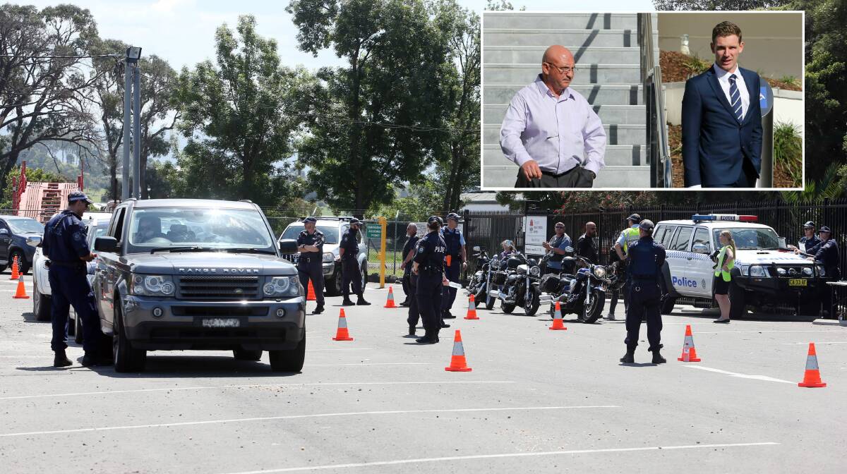 Peter Busuttil (inset, left) and James Howell depart Wollongong courthouse at an earlier appearance stemming from the October 2015 raid at the Croome Lane club grounds (main picture). 