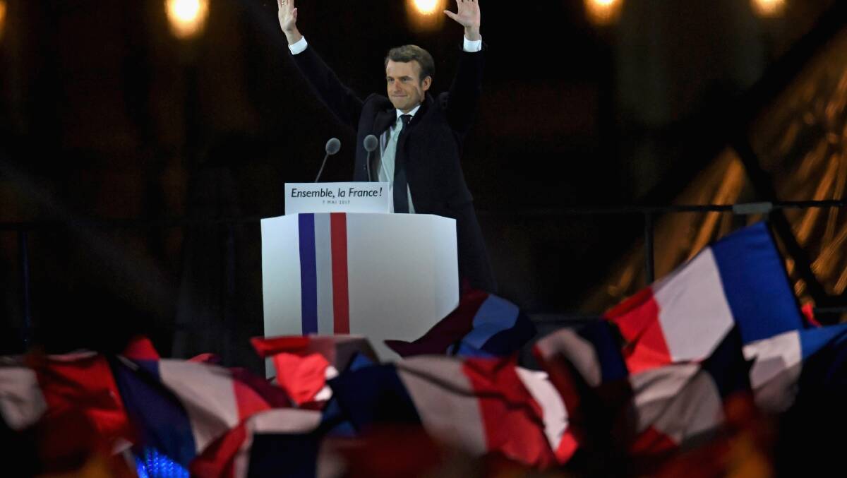 Emmanuel Macron addresses supporters after winning the French Presidential Election.  Photo by Jeff J Mitchell/Getty Images