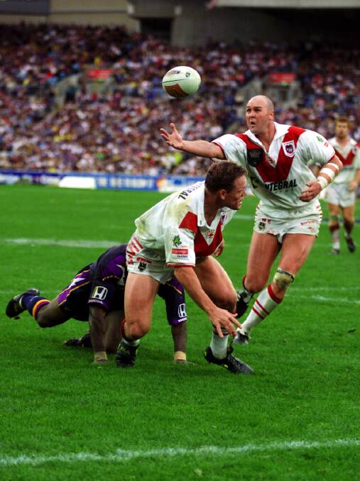 So close: Rod Wishart knocks the ball back, for Dragons coach Paul McGregor to gather and score a try in the 1999 NRL grand final loss to Melbourne. Can he win one as coach?