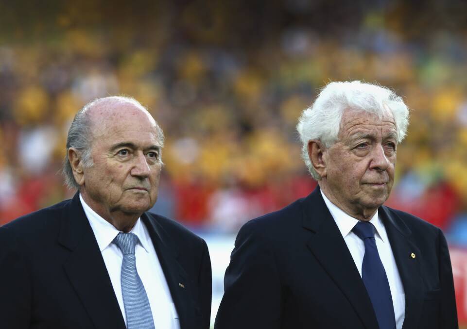 Bid: Sepp Blatter, former president of FIFA and Frank Lowy, Chairman of FFA before the 2015 Asian Cup final. Picture: Ryan Pierse/Getty Images