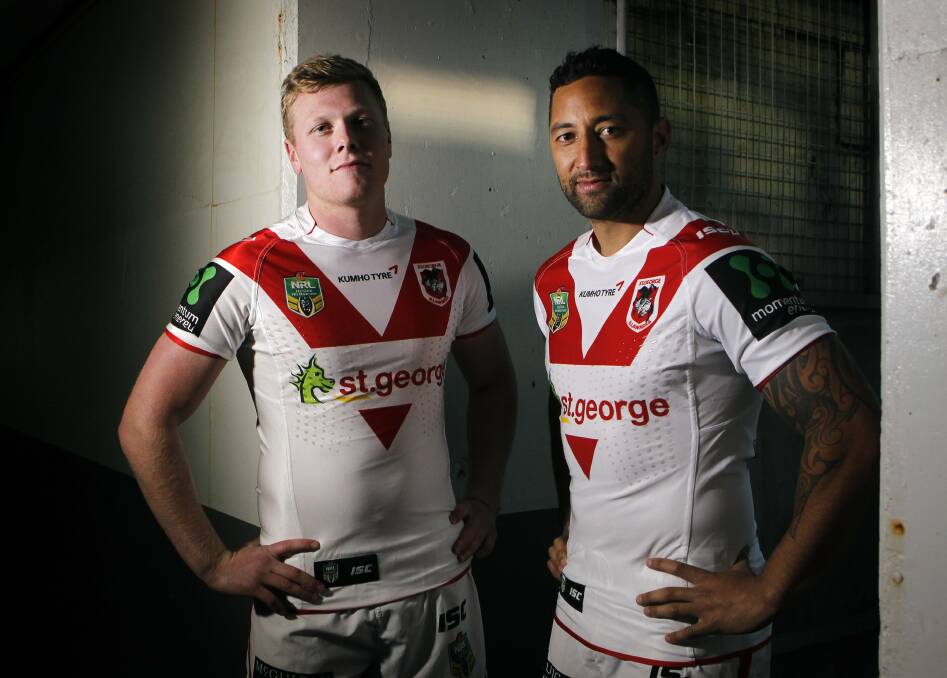Moving on: Departing Dragons halfback Drew Hutchison with Benji Marshall in 2015. Picture: Sylvia Liber
