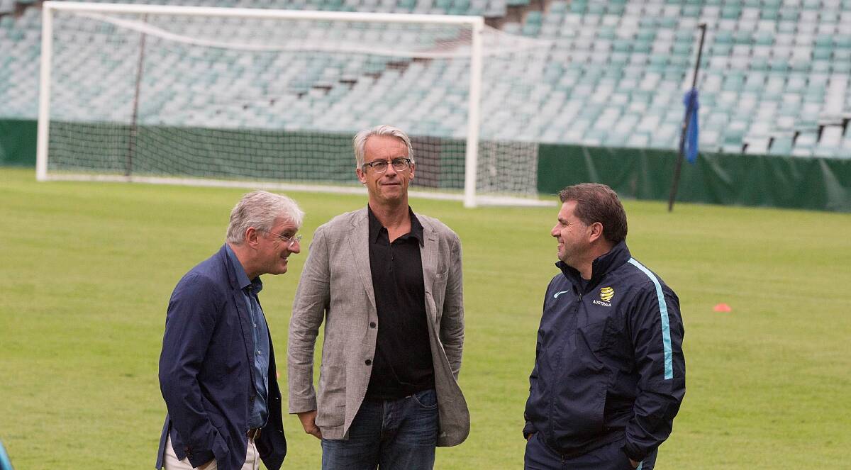 Last stand?: Steven Lowy and David Gallop with recently departed Socceroos coach Ange Postecoglou. Picture: Michele Mossop/Fairfax Media