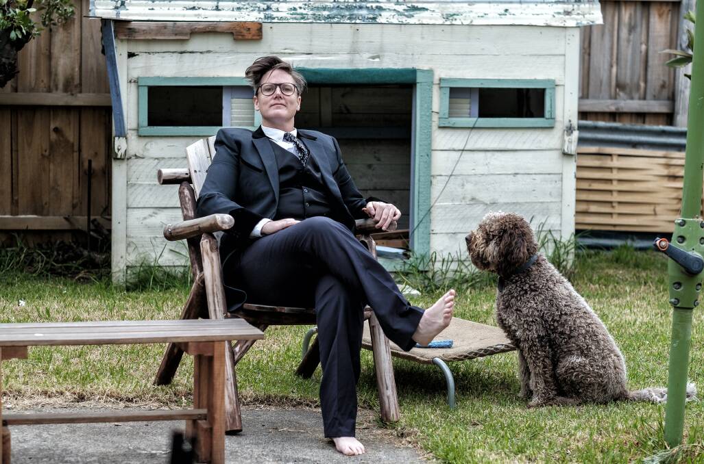 Comedian Hannah Gadsby poses for a photo  with her dog Douglas. Picture: Luis Ascui