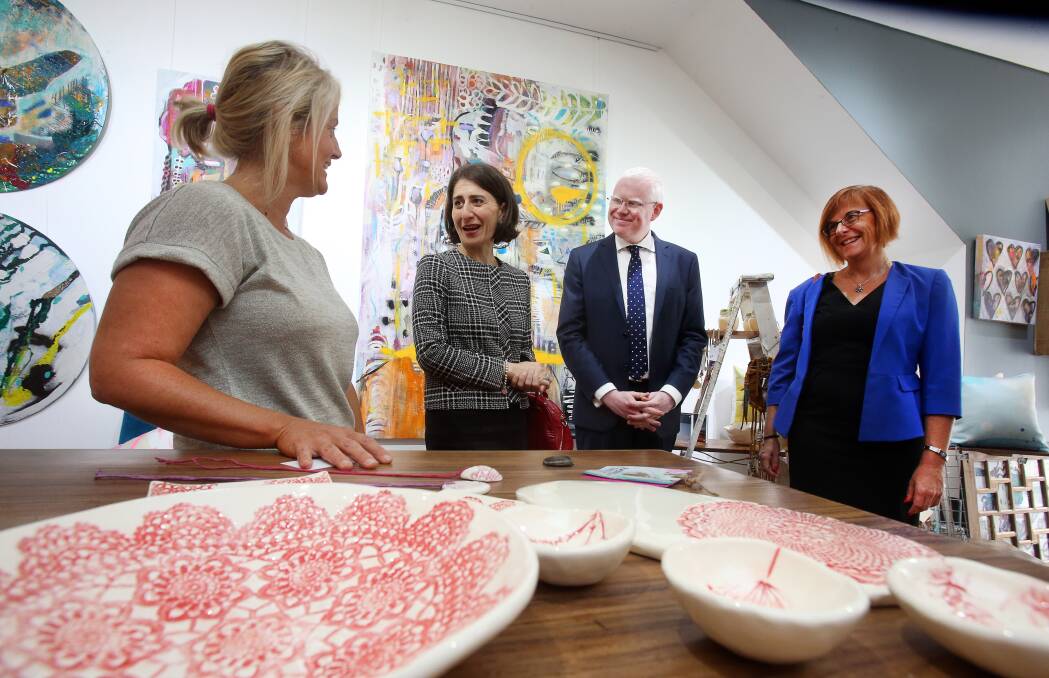 GONG VISIT: Then Treasurer Gladys Berejiklian - with Holly Gay (left), Gareth Ward and Debra Murphy - during a visit to Wollongong in April last year. Picture: Robert Peet